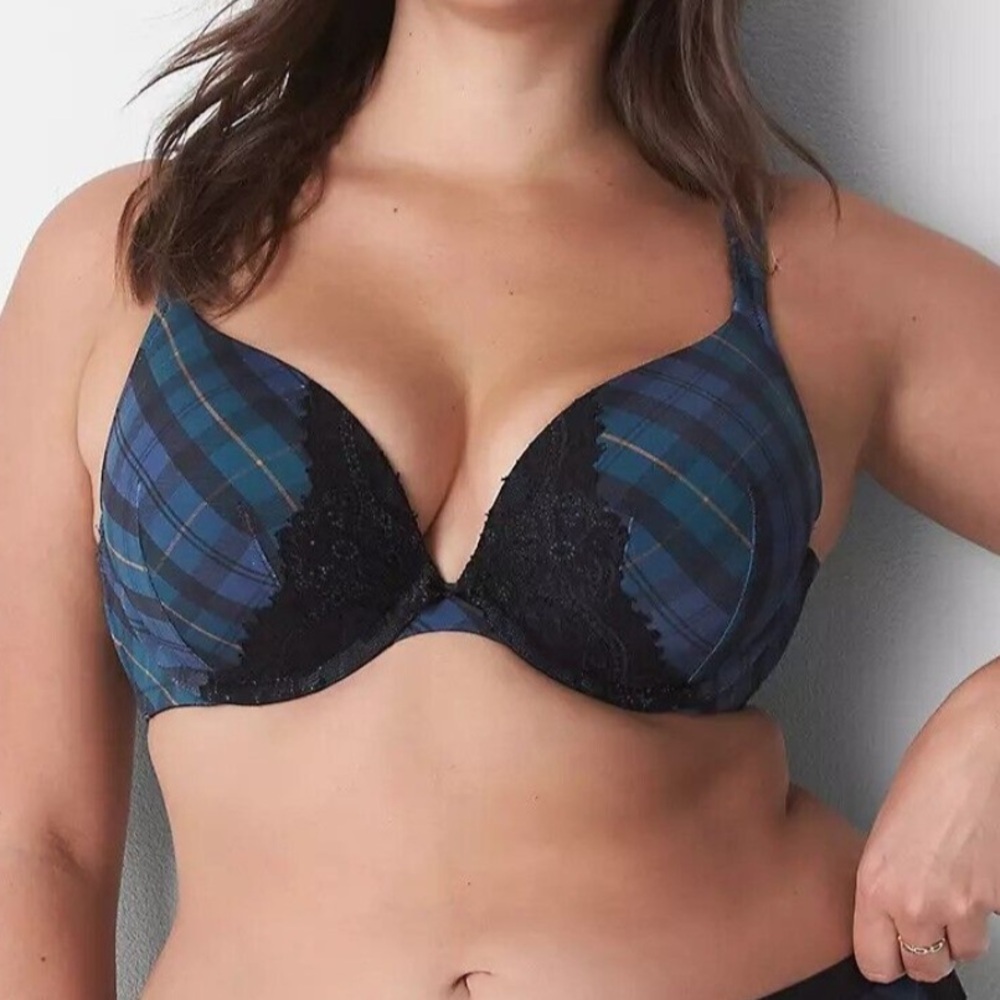 Cacique green plaid black lace boost plunge bra size 44C